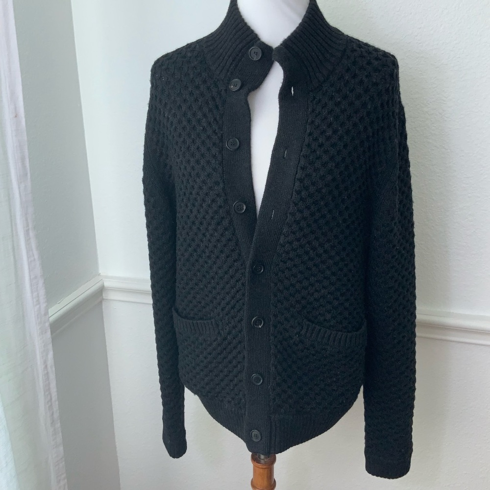 Billy Reid SNS Honeycomb Knit Herning Stark Merino Wool Mock Button Cardigan